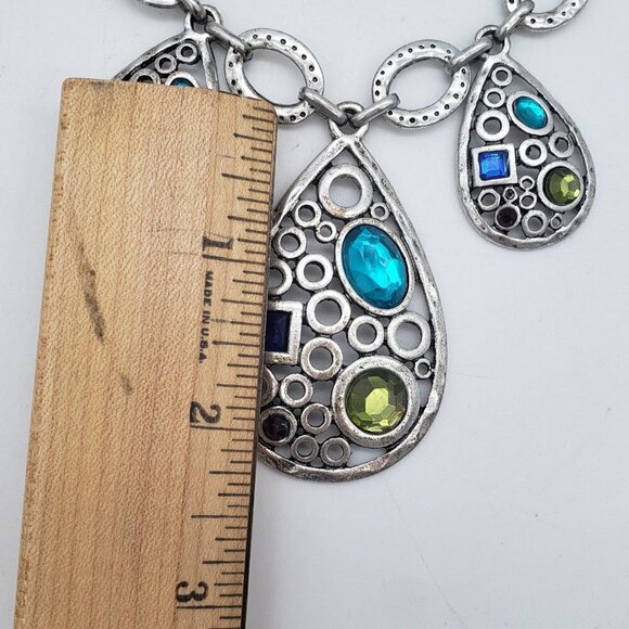 Laura Ashley Teardrop Gemstone Boho Tribal Silver Links Statement Necklace - Picture 4 of 9